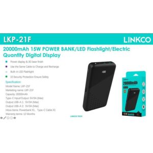 LINKCO 20000mAh 15W 21F POWER BANK/LED Flashlight/Electric Quantity Digital Display