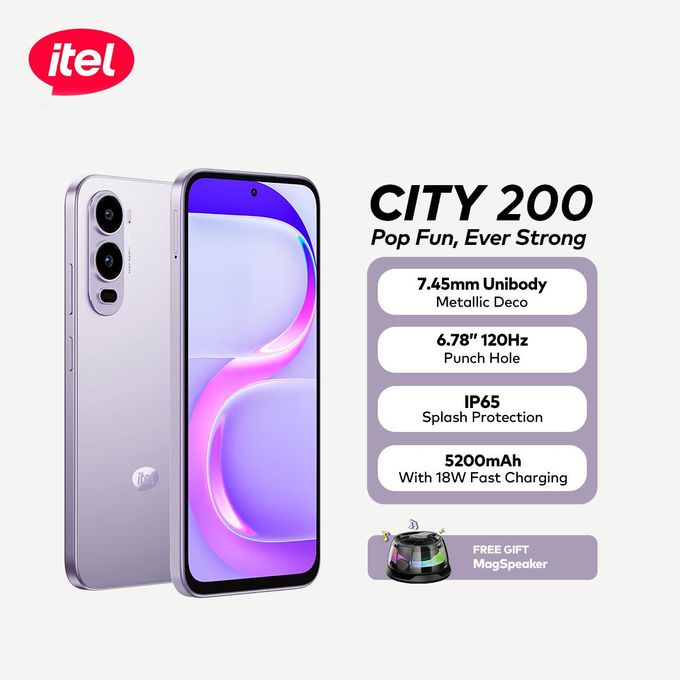 Itel City 200 7.45mm” 128/4+4gb Unibody Metallic Deco 6.78″ 120Hz IP65 5200mah Android